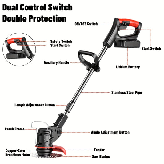 24V Cordless Electric Lawn Mower with 2 Lithium Batteries – Handheld, Portable Grass Trimmer with 3 Blade Types for Home & Garden
